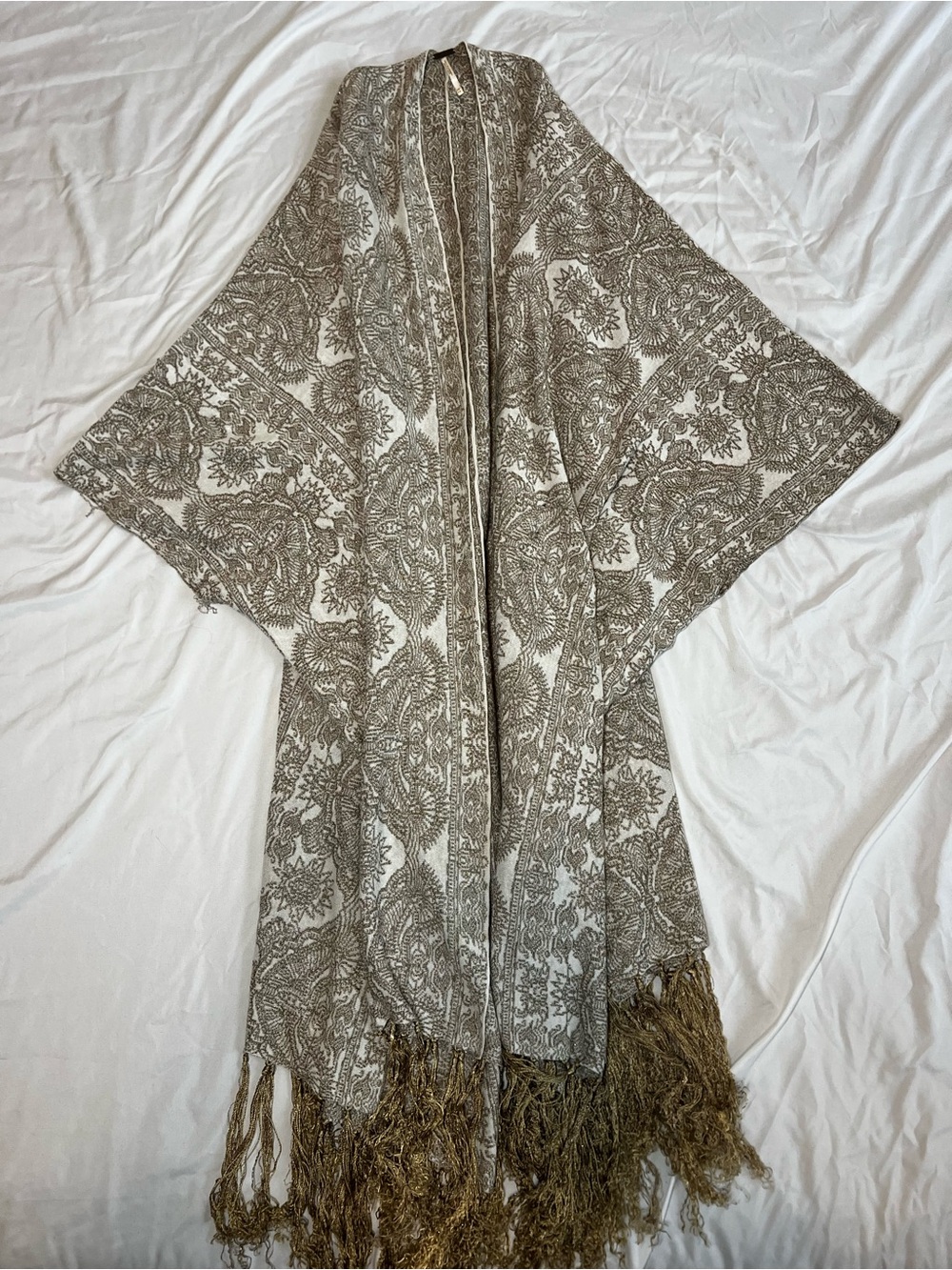 Free People Cream and Taupe Textured Knit Cardigan with Fringe Trim